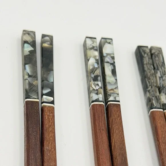 Japanese Style Iridescent Gray Faux Abalone Chopsticks Set 5 Pairs Wood Resin C - Picture 3 of 4